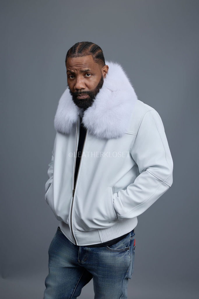 Men's Classic Baseball Leather Jacket With Fox Collar [White
