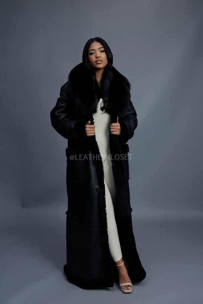 Women's Maxi Shearling With Fox Collar [Black] – LeatherKloset