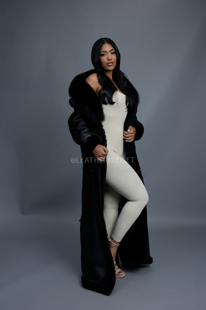 Women's Maxi Shearling With Fox Collar [Black] – LeatherKloset