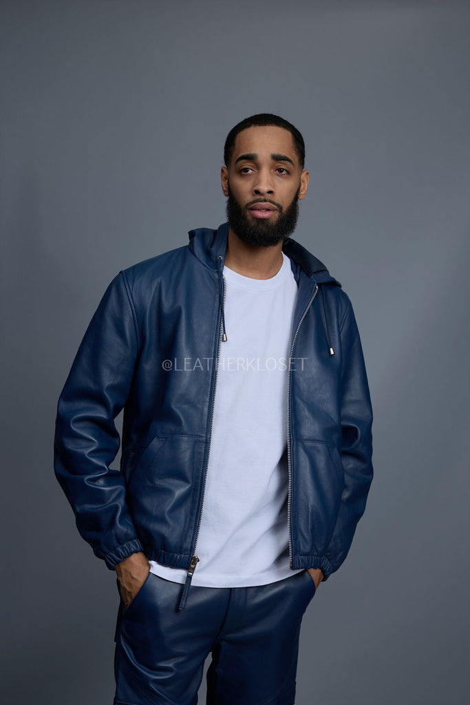 Men's Leather Hoodie [Navy Blue] – LeatherKloset