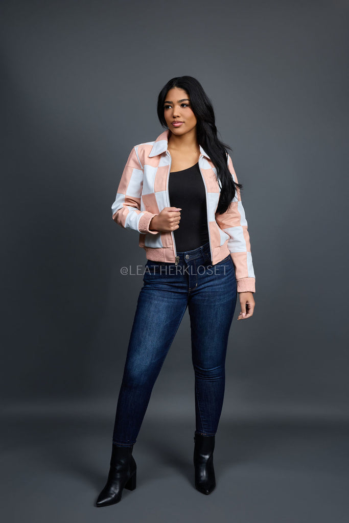 Women's Checkmate Leather Bomber Jacket [Baby Pink/White