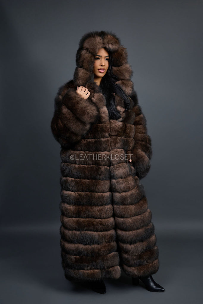 Women's Rania Long Length Fox Fur Trench Coat With Hood [Brown