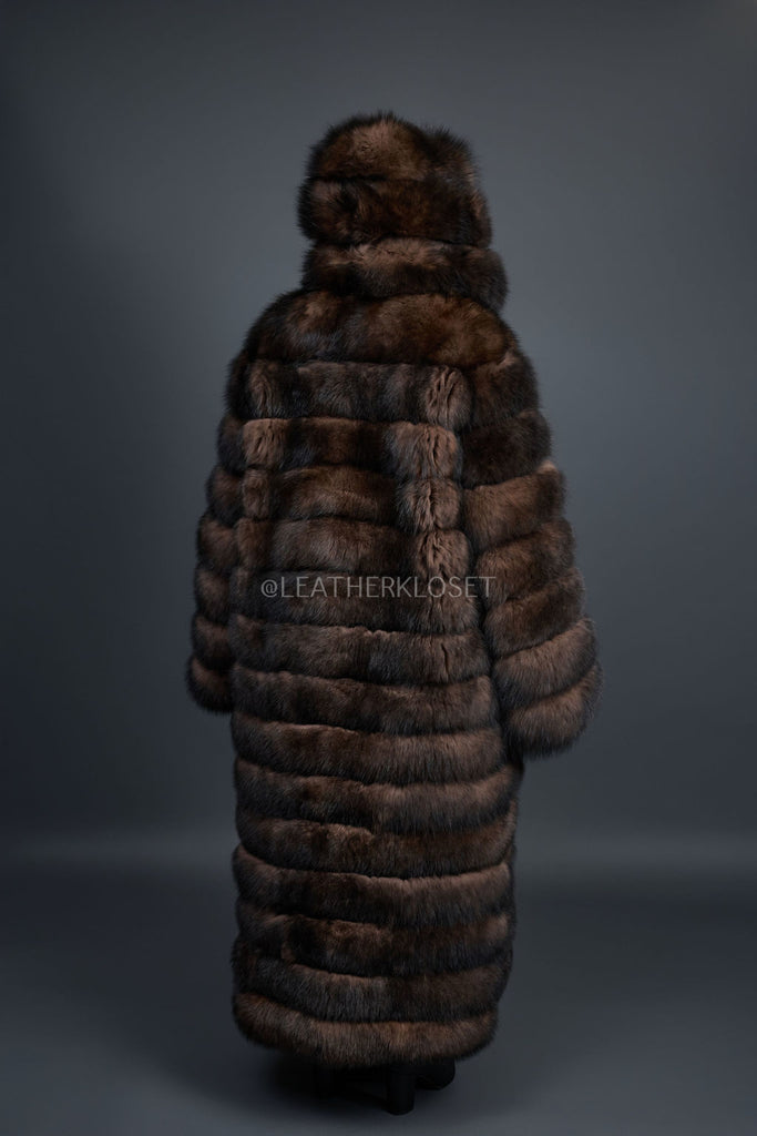 Women's Rania Long Length Fox Fur Trench Coat With Hood [Brown