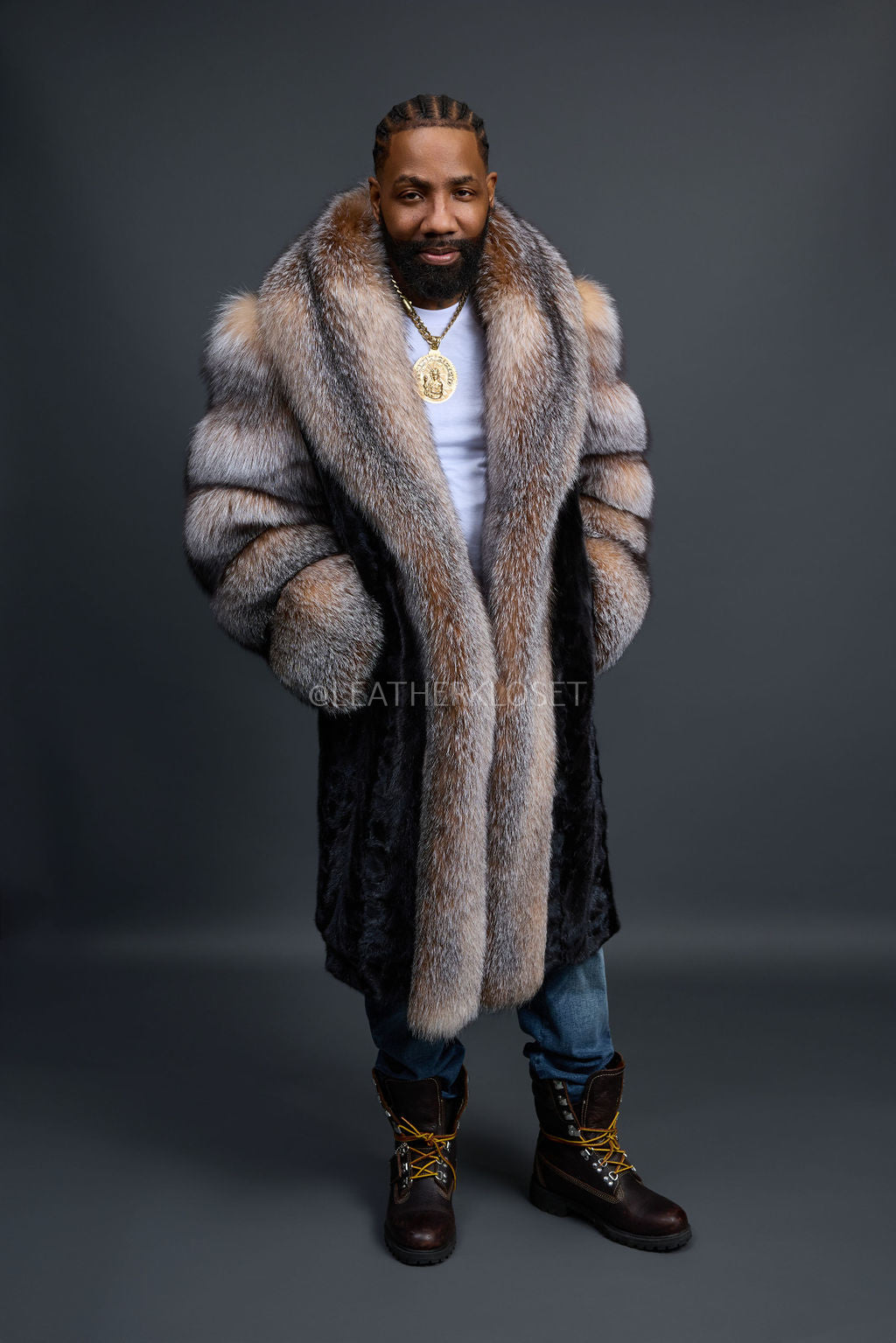 Men's Frank Mink Trench With Fox Collar [Black/Crystal