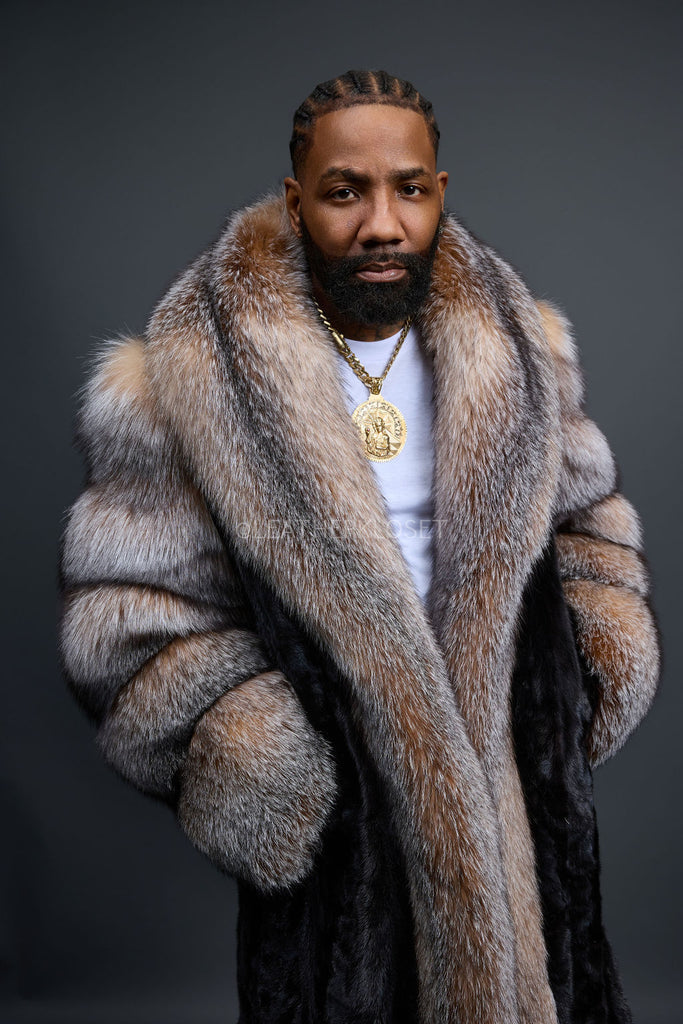 Men's Frank Mink Trench With Fox Collar [Black/Crystal