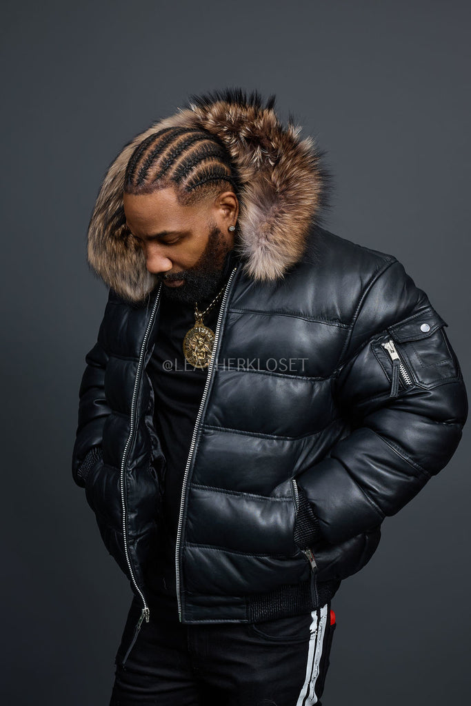 Men's Aspen Leather Bubble Bomber Jacket [Black/Raccoon