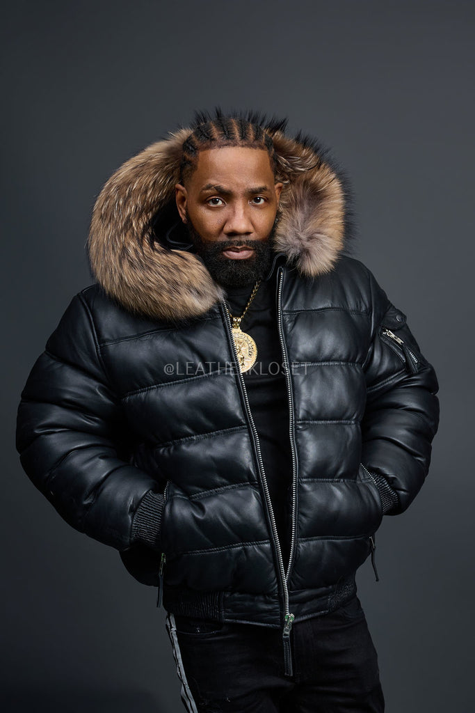 Men's Aspen Leather Bubble Bomber Jacket [Black/Raccoon