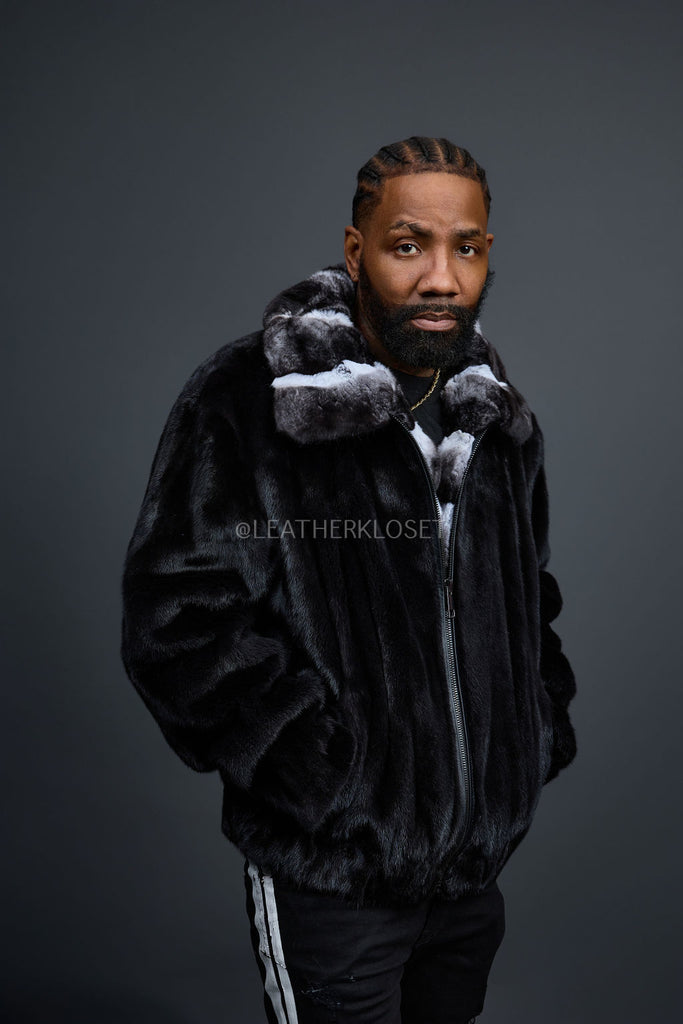 Men's Mink Bomber Jacket With Chinchilla Collar [Black