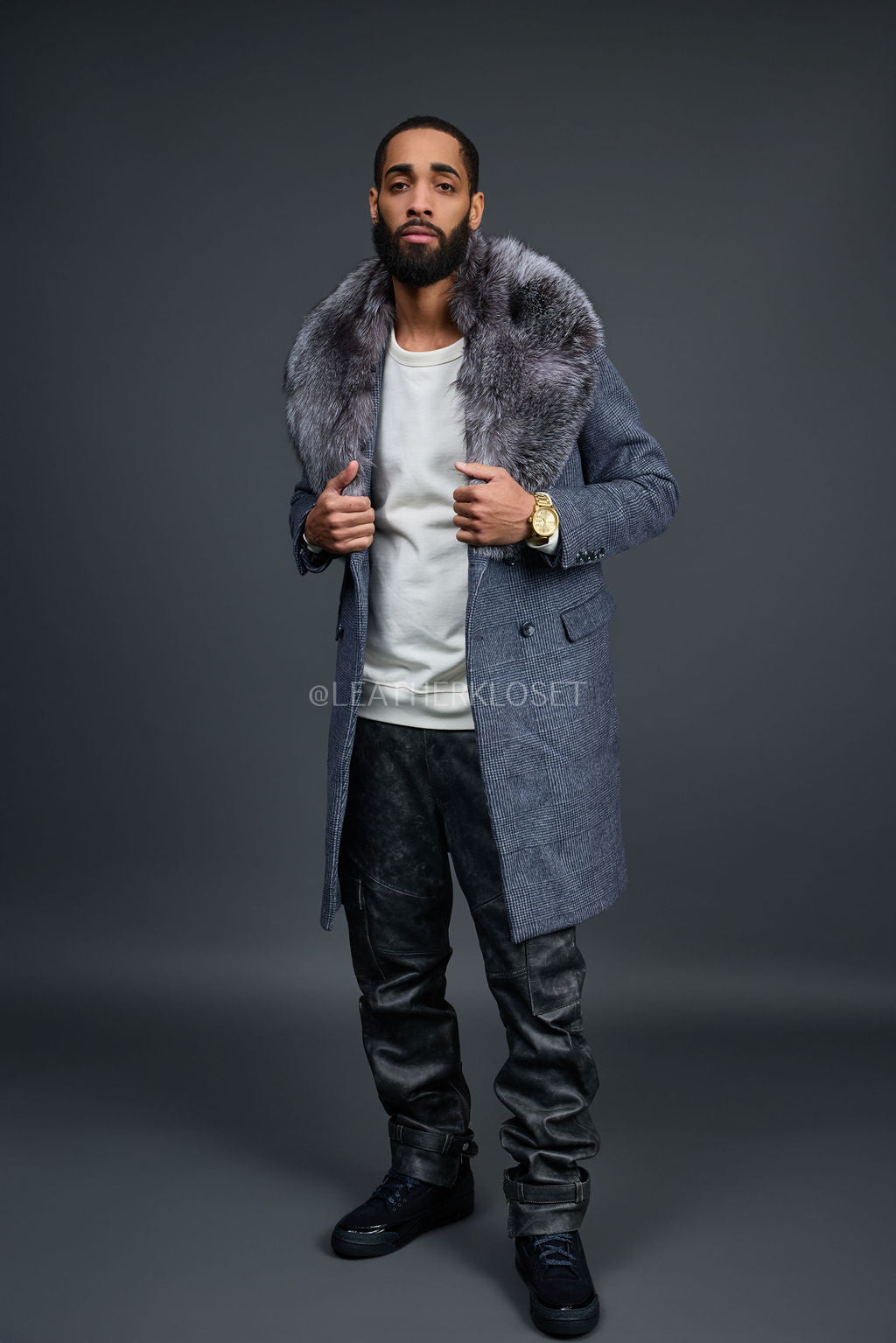Men's Cashmere Trench Coat Grey With Fox Collar [Silver Fox
