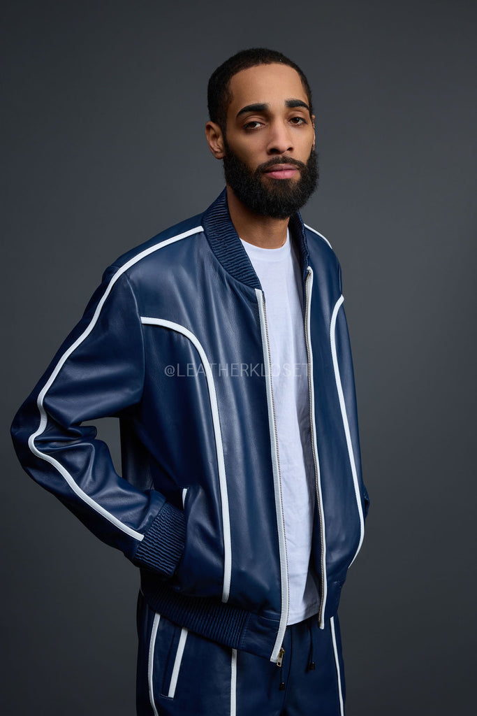 Men's Brayden Leather Track Suit Sweatsuit [Navy/White