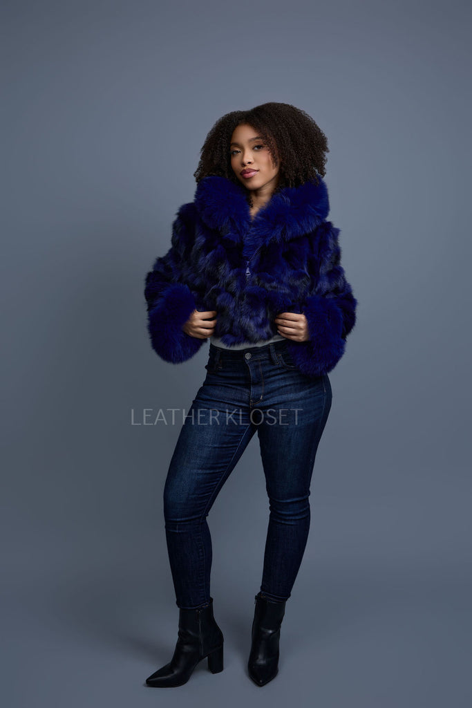 Women's Crop Fox Bomber With Hood [Midnight Blue] – LeatherKloset
