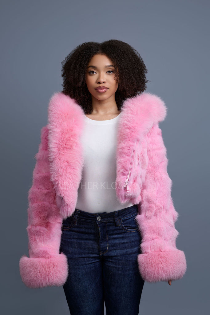 Women's Crop Fox Bomber With Hood [Pink] – LeatherKloset
