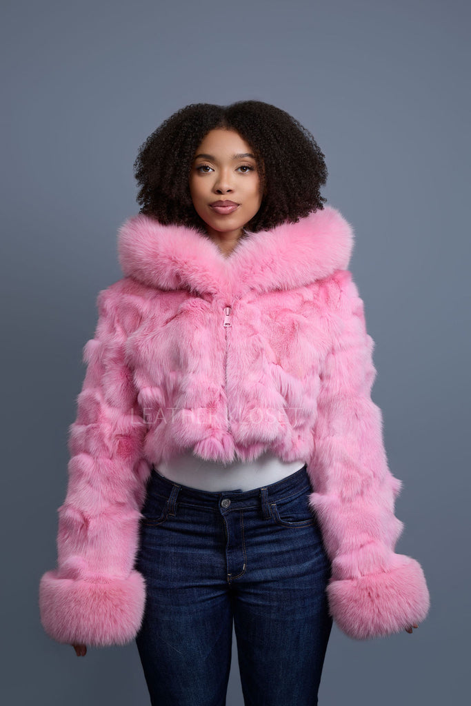 Women's Crop Fox Bomber With Hood [Pink] – LeatherKloset