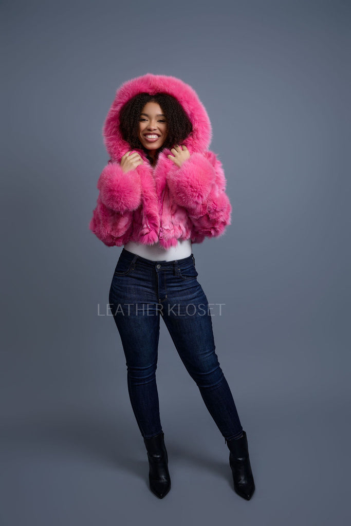 Women's Crop Fox Bomber With Hood [Hot Pink] – LeatherKloset