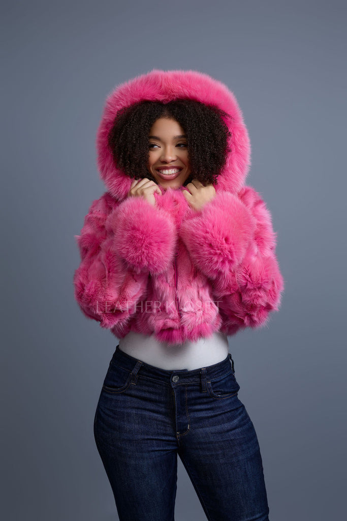 Puffer Pink Faux Fur Bomber Jacket Women's Crop Fox Bomber With