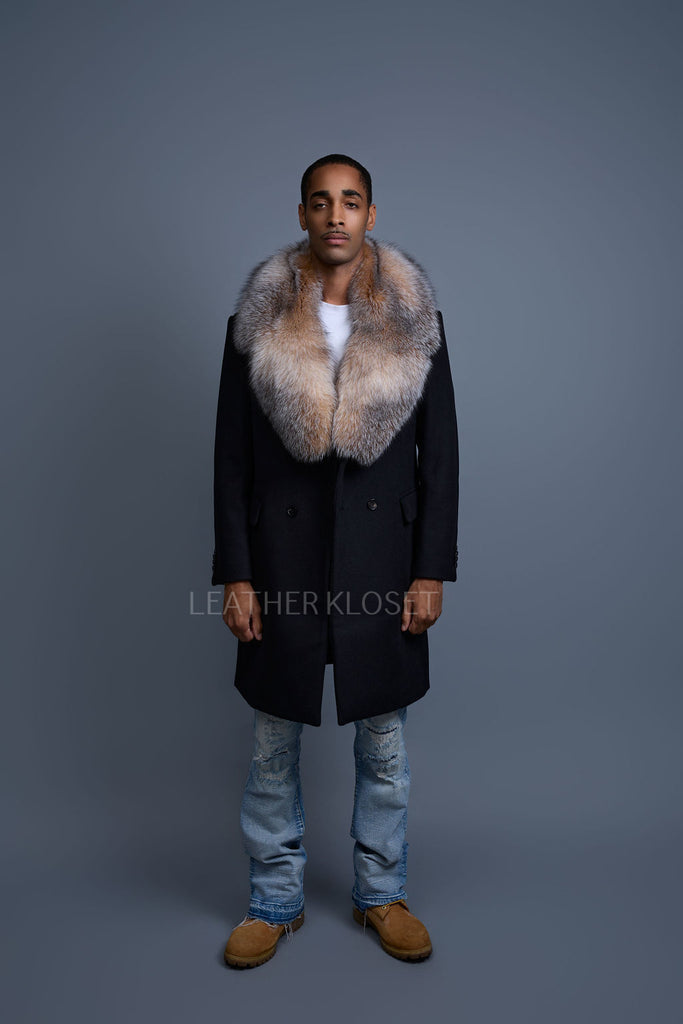 Men's Cashmere Trench Coat Black With Fox Collar [Crystal Fox