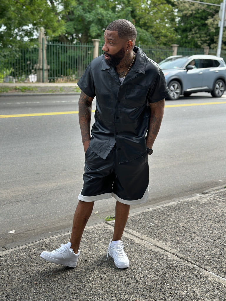 Men's Summer In Miami Leather Shirt And Shorts Set [Black/White