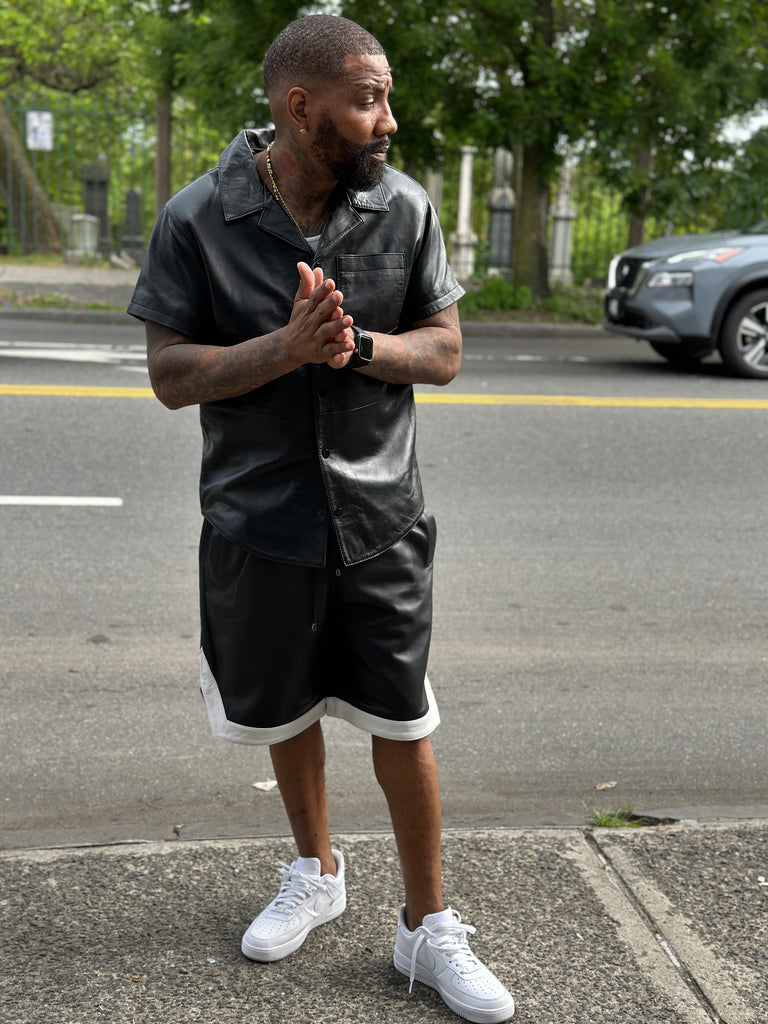 Men's Summer In Miami Leather Shirt And Shorts Set [Black/White