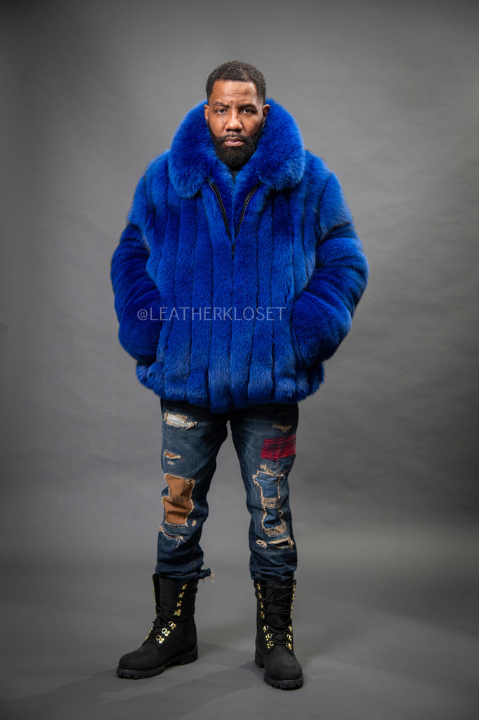 Men's Fox Fur Bomber Jacket [Royal Blue] – LeatherKloset