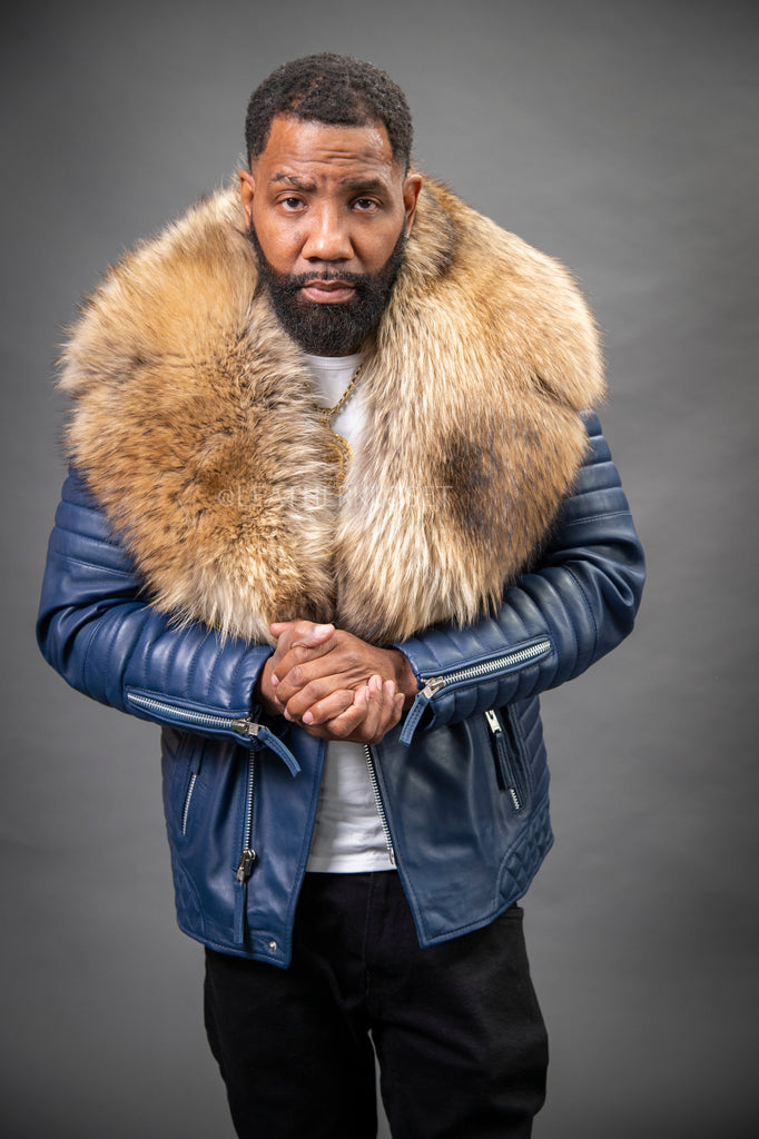 Men's Jay Biker Navy With Full Raccoon Fur Collar [Raccoon Fur