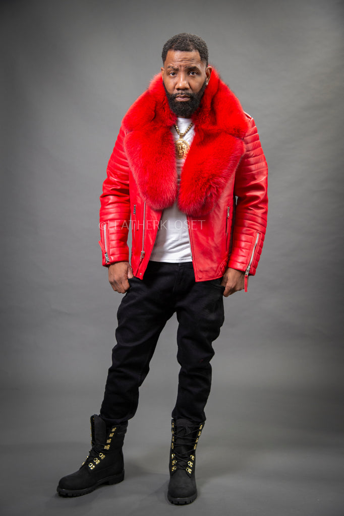 Men's Jay Biker Red With Full Fox Fur Collar [Red] – LeatherKloset