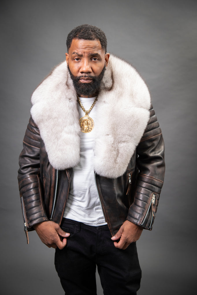 Men's Jay Biker Copper With Full Fox Fur Collar [White