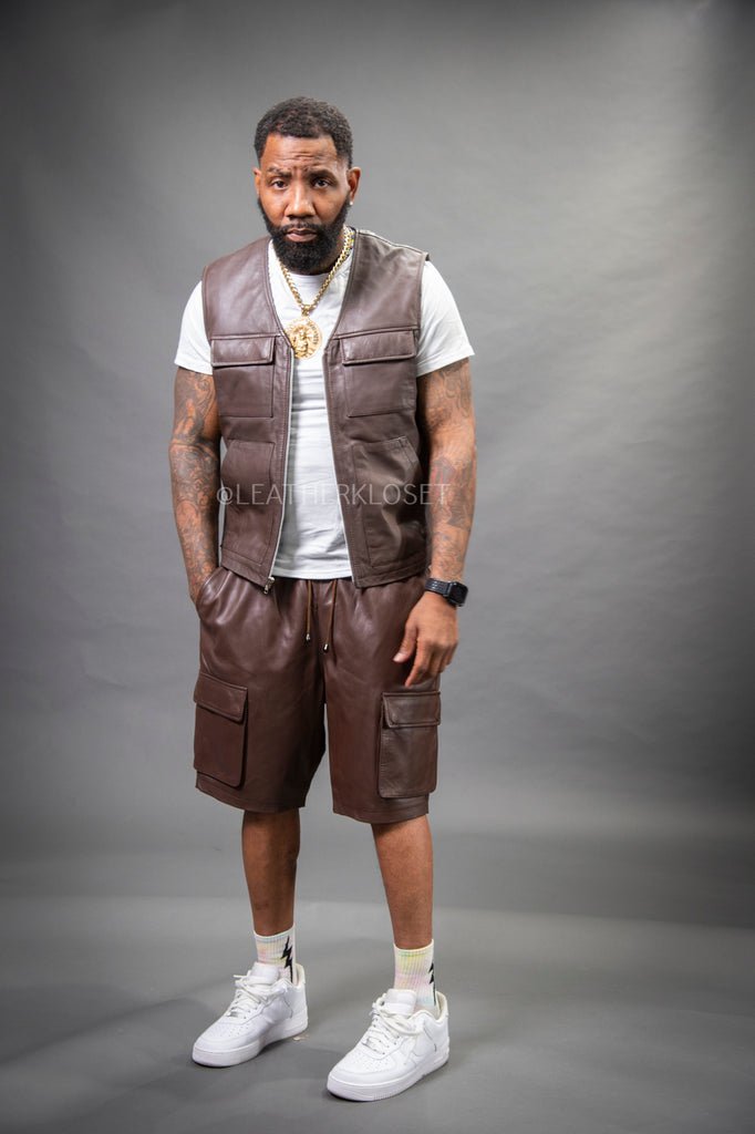 Men's Bless Set Leather Vest & Leather Cargo Shorts [Chocolate