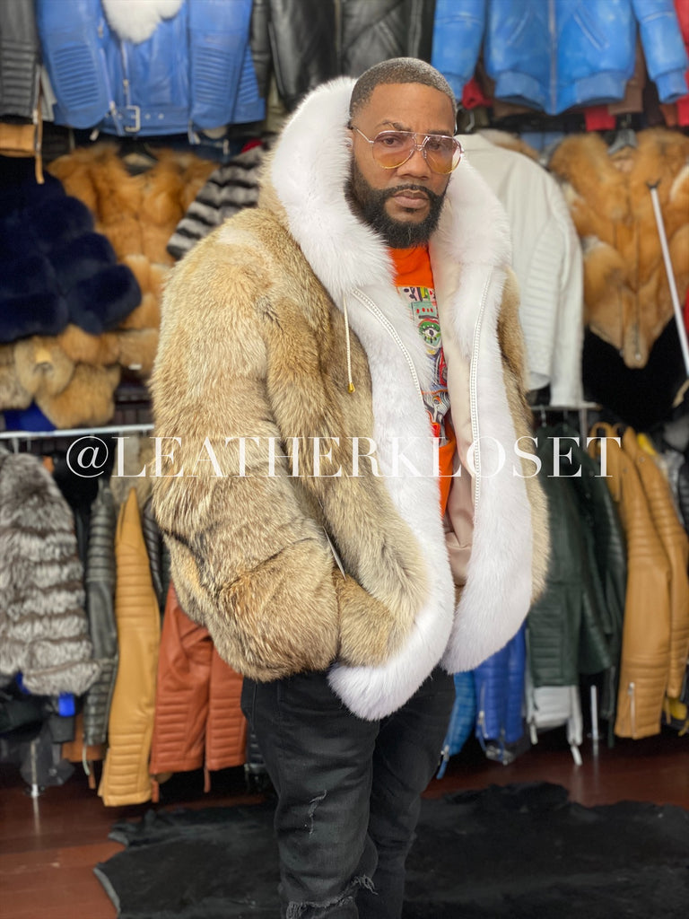 Mens Coyote Bomber With Fox Fur – LeatherKloset