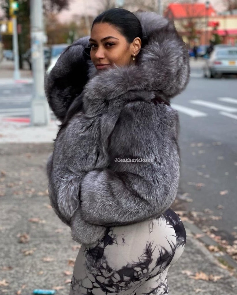 Impeccable Silver Fox Fur Bomber Jacket