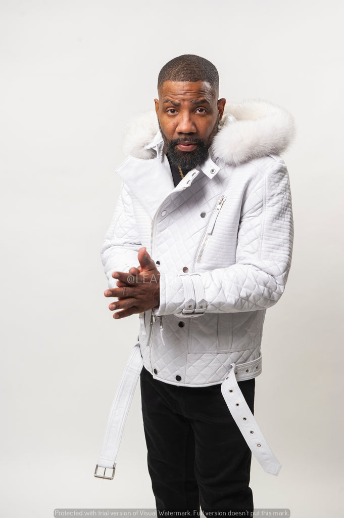 Men's Billy Leather Biker Hoodie With Fur Hood [White] – LeatherKloset