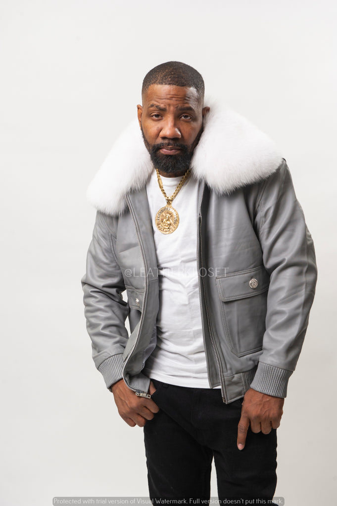 Men's Leather Pilot Aviator Bomber Jacket With Fox Collar [Gray