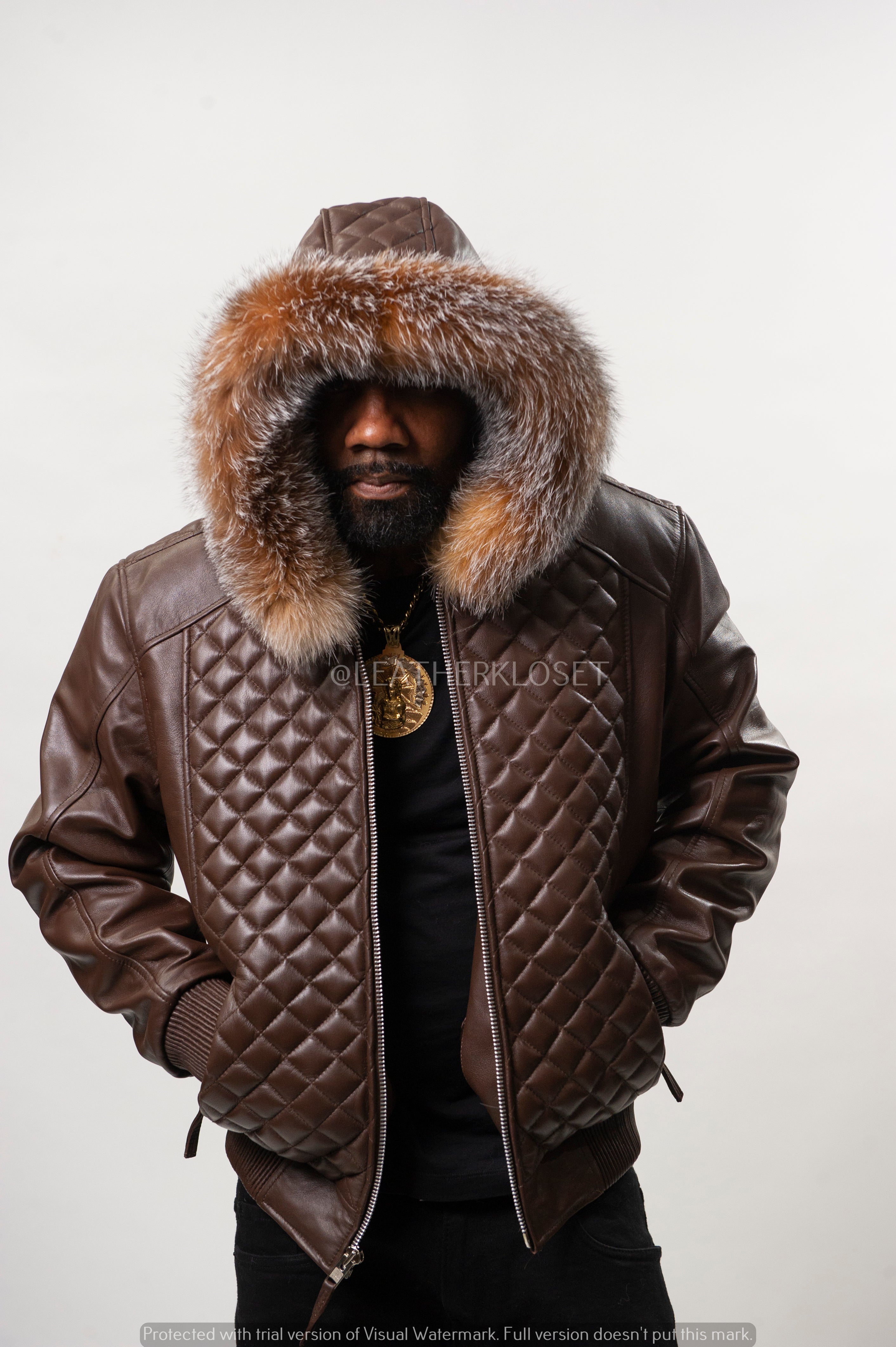 Men's Lucas Quilted Leather Bomber Jacket With Fox Hood [Crystal