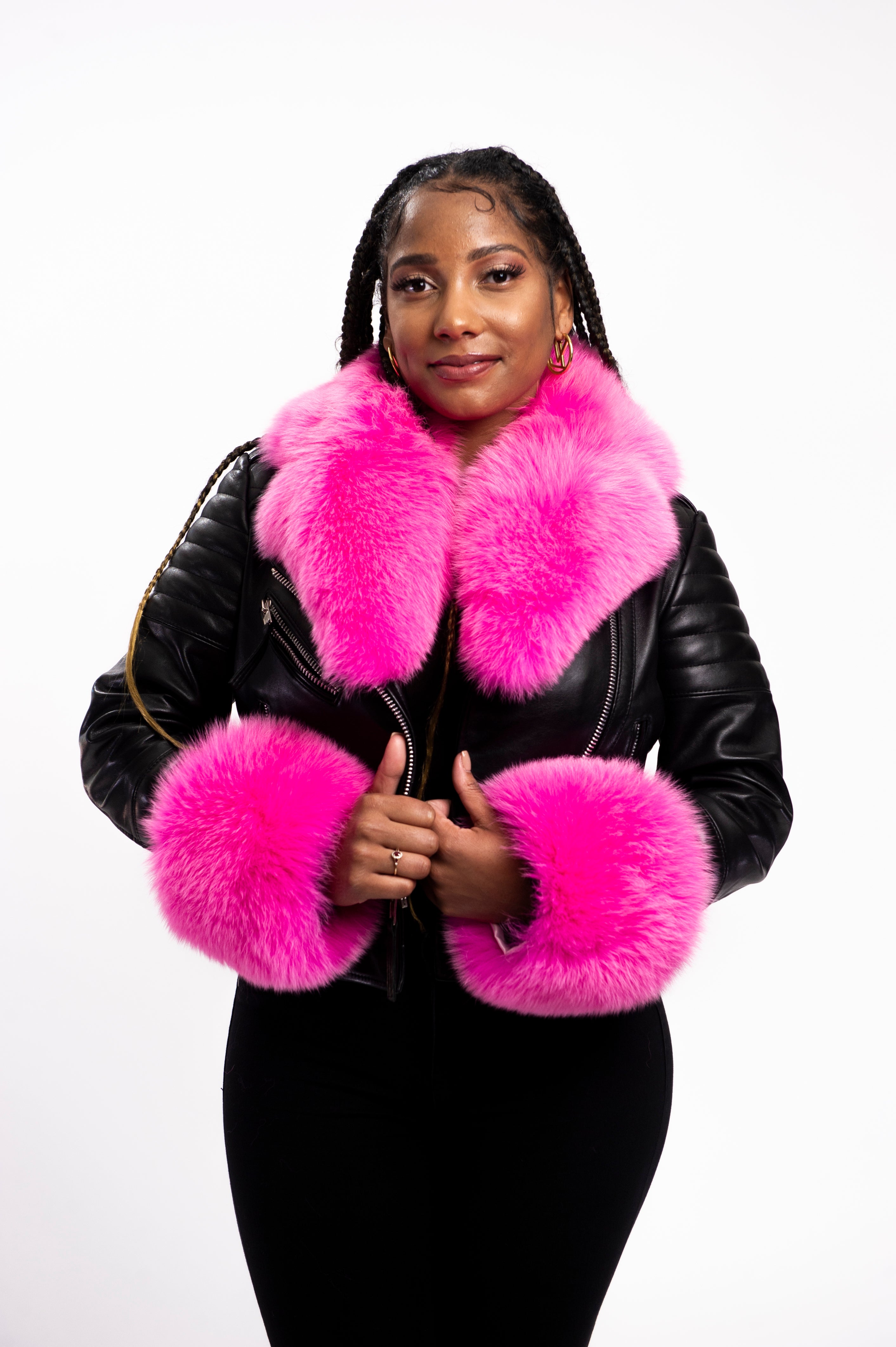 Women's Jay Biker Full Fox Collar And Cuff [Black/Hot Pink