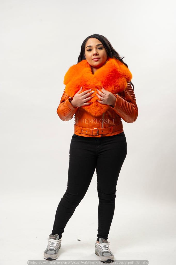 Women's Trey Biker Orange Oversized Fox Collar [Orange Fox Fur