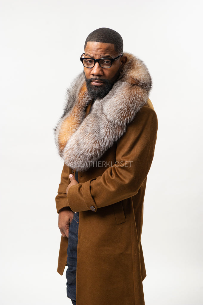 Men's Cashmere Trench Coat Brown With Fox Collar [Crystal Fox