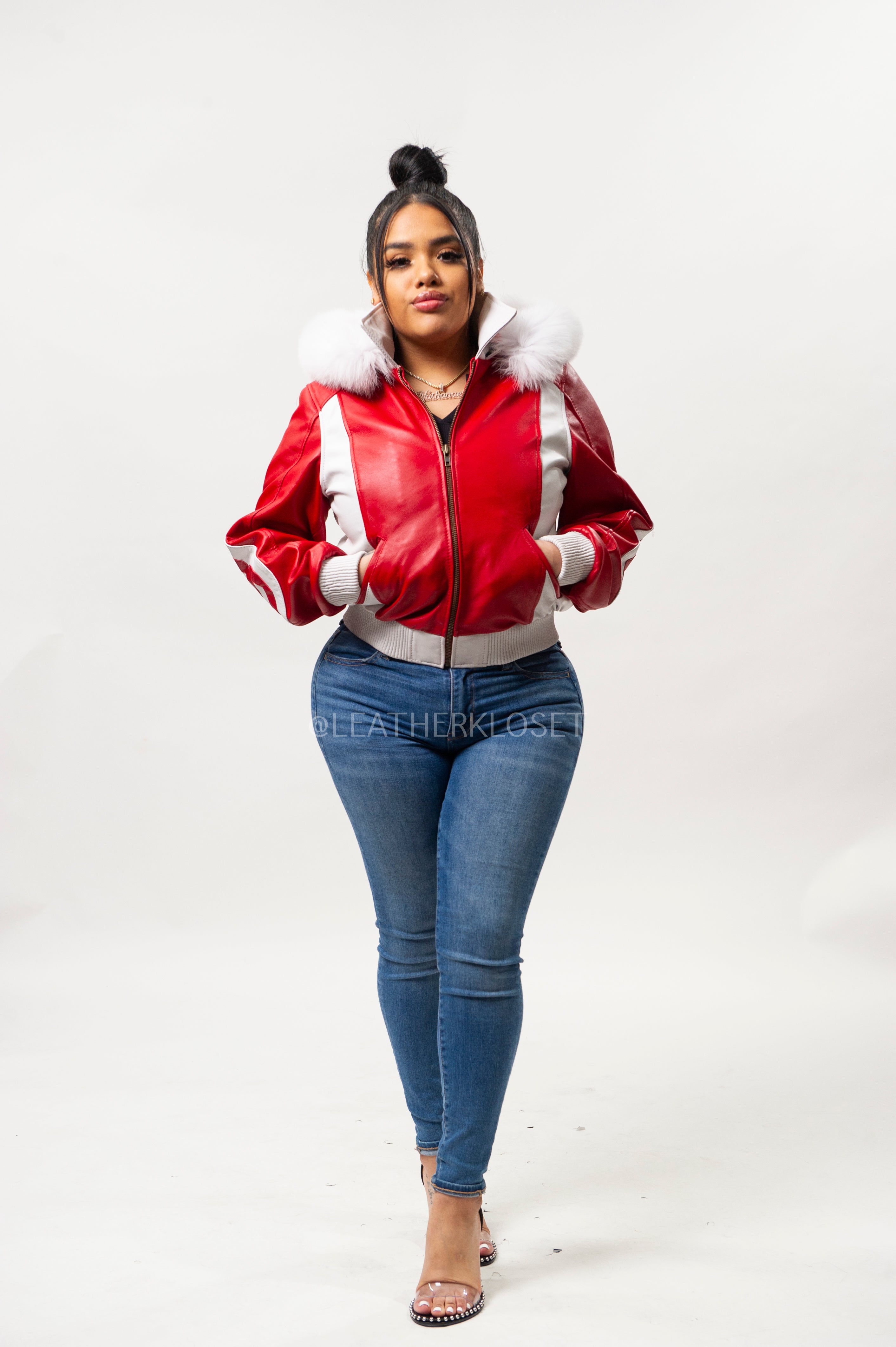 Women's 8 Ball Jacket With Premium Fox Fur Hood [White/Red