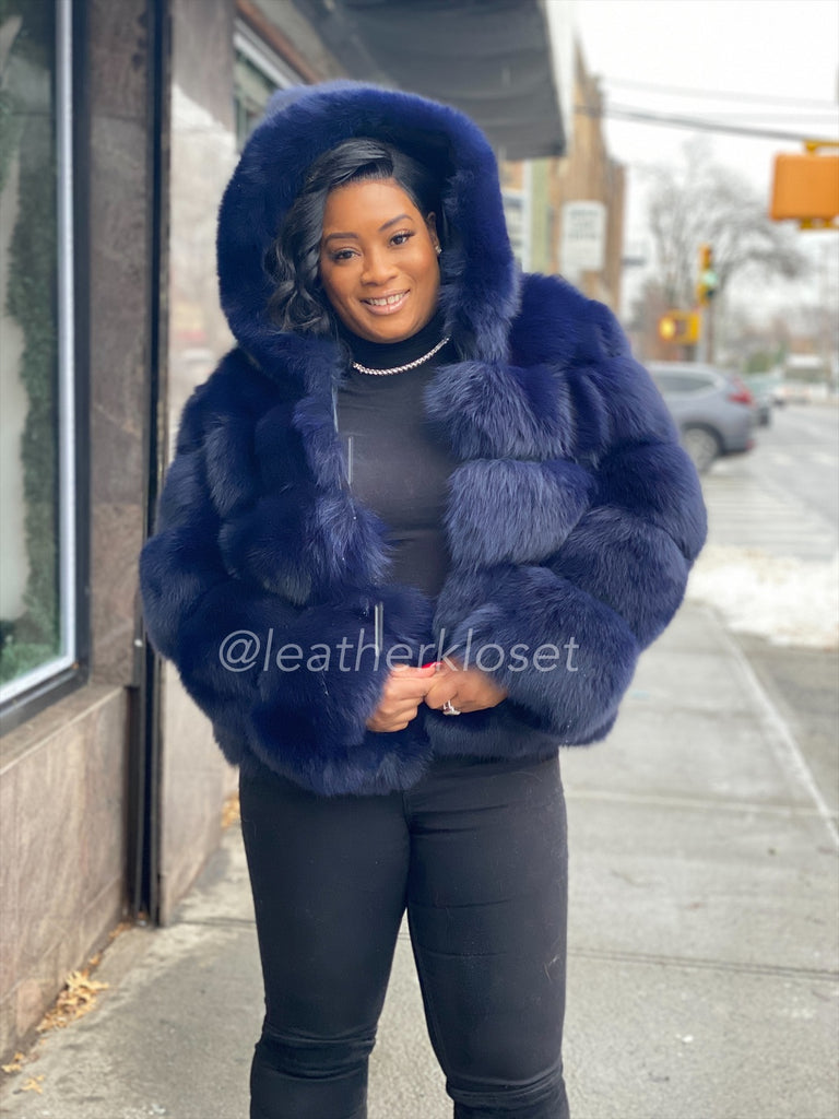 Women's Ava Fox Bomber Jacket With Hood [Navy] – LeatherKloset