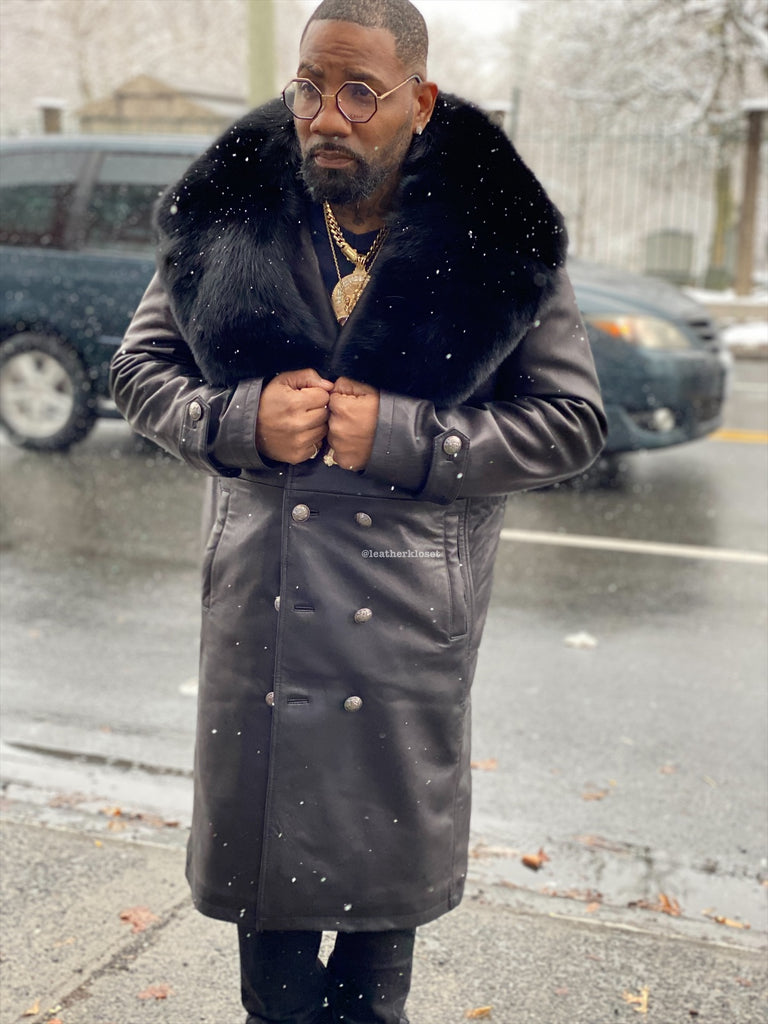 Men Fur Collar Trench Men's Leather Trench Coat With Fox Fur