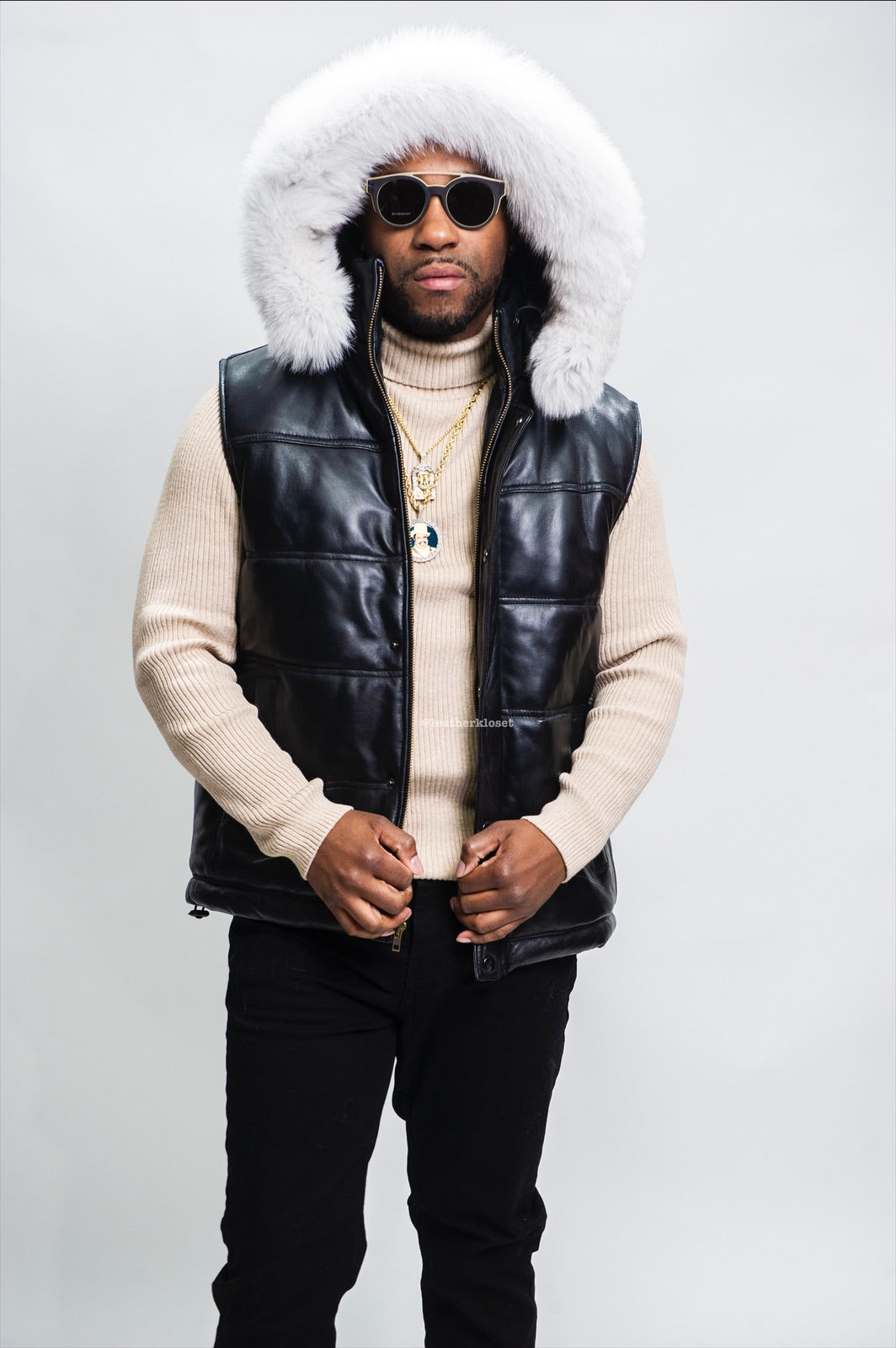 Men's Leather Bubble Vest With Premium Fox Fur Hood – LeatherKloset