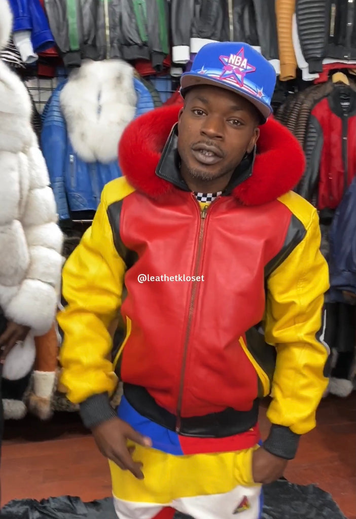 Men's 8 Ball Leather Jacket With Fox Fur Hood [Yellow/Black
