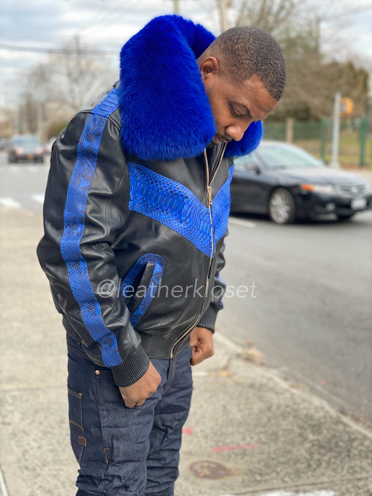 Men's Real Python And Leather Bomber Jacket With Fox – LeatherKloset
