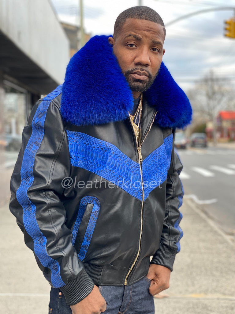 Men's Real Python And Leather Bomber Jacket With Fox – LeatherKloset