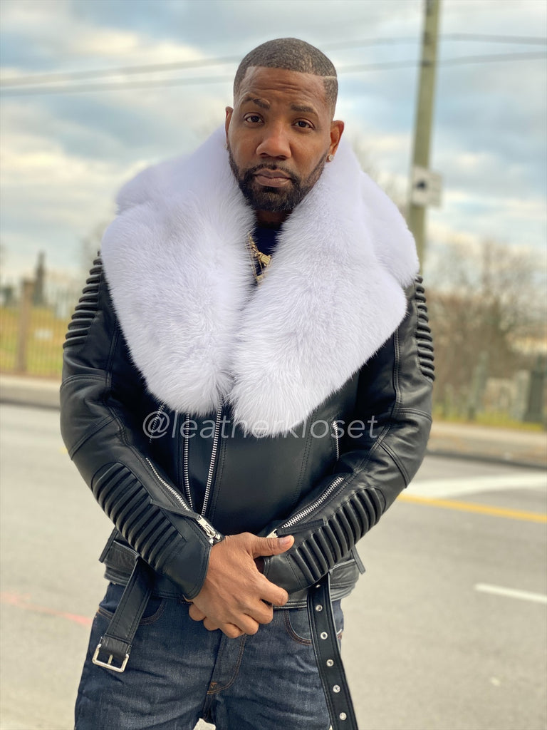 Men's Trey Biker Full Fox Fur Collar [Pure White Fox] – LeatherKloset