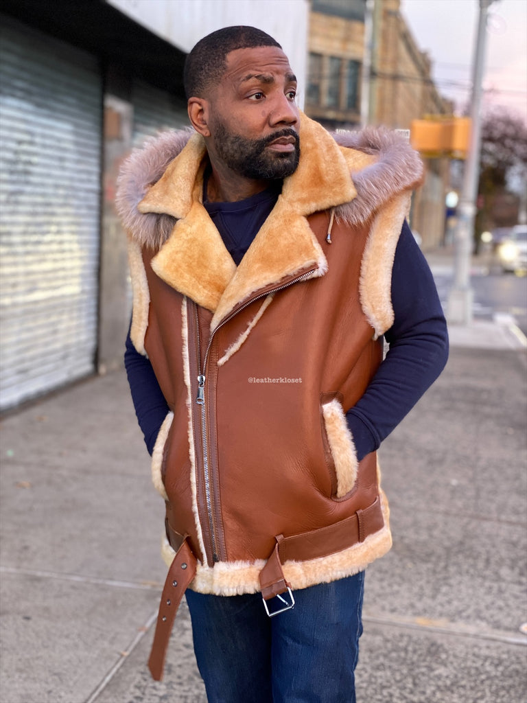 Mens shearling vest outlet with hood