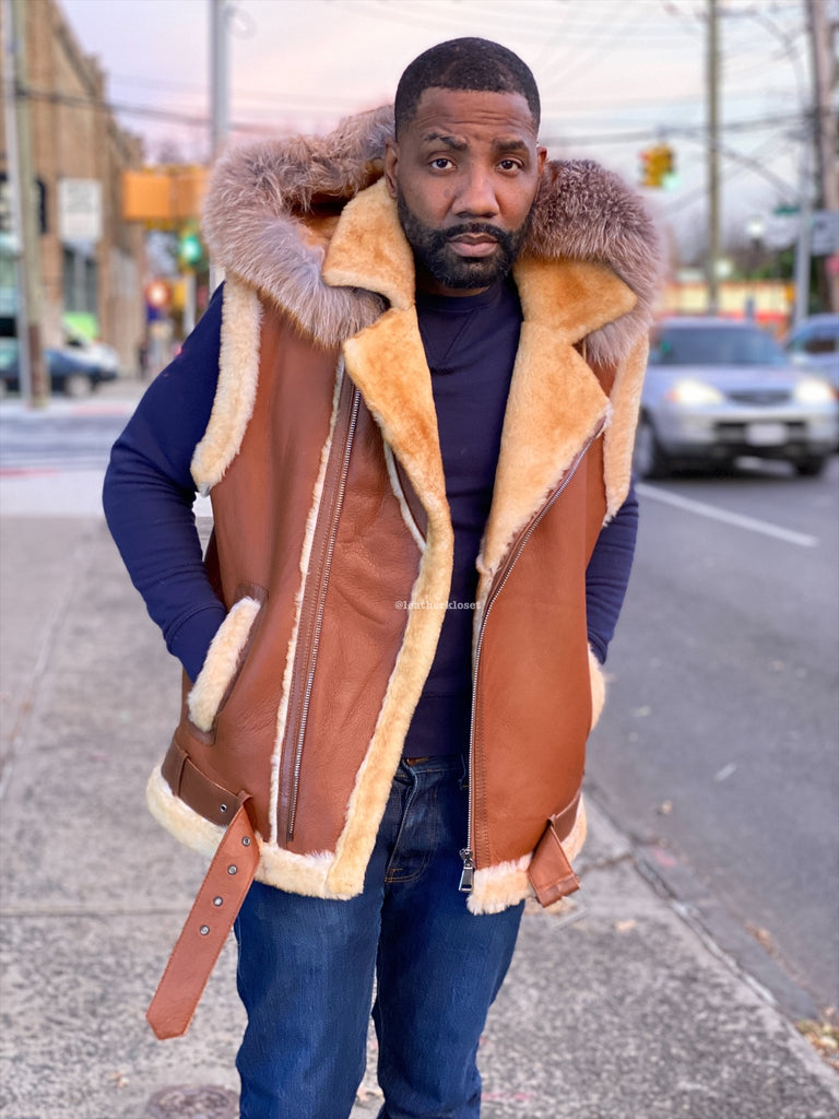 Mens shearling vest deals with hood