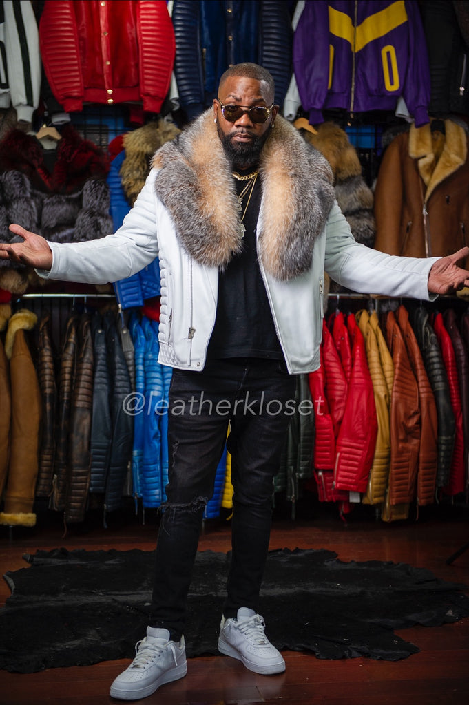 Men's Jay Biker White With Full Cyrstal Fox Fur Collar – LeatherKloset
