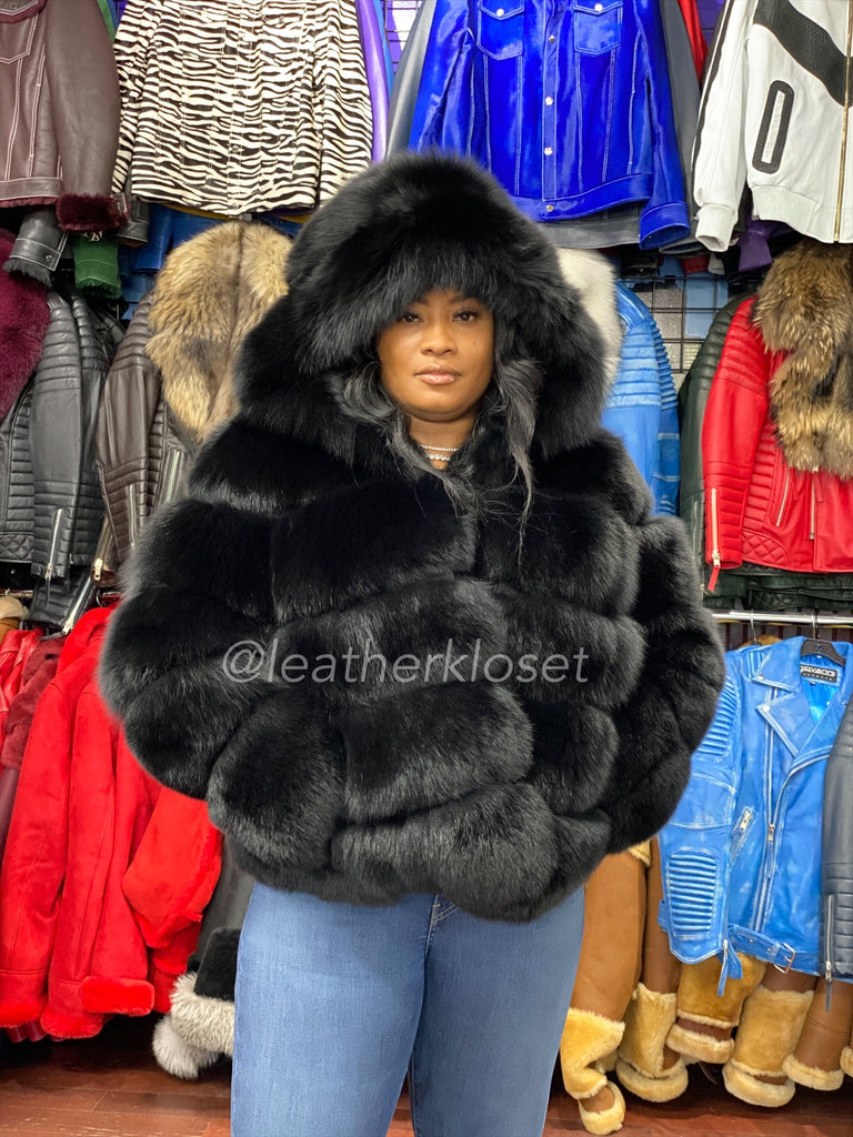 Women's Ava Fox Bomber Jacket With Hood [Black] – LeatherKloset