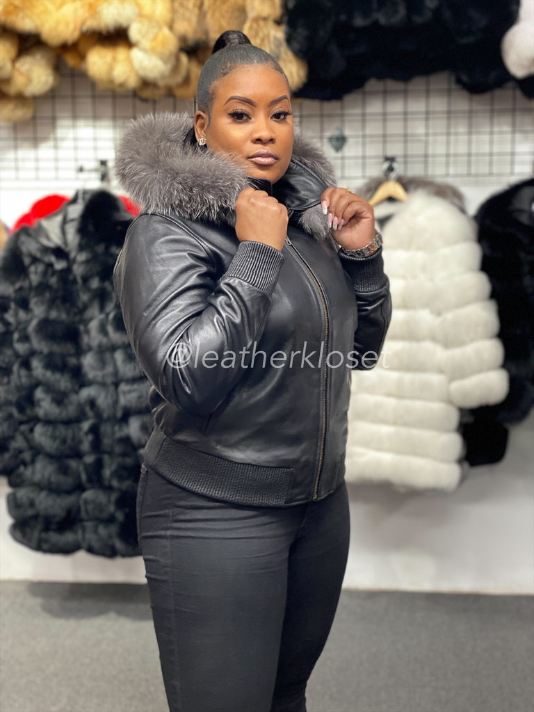 Black shiny fur hood hot sale coat