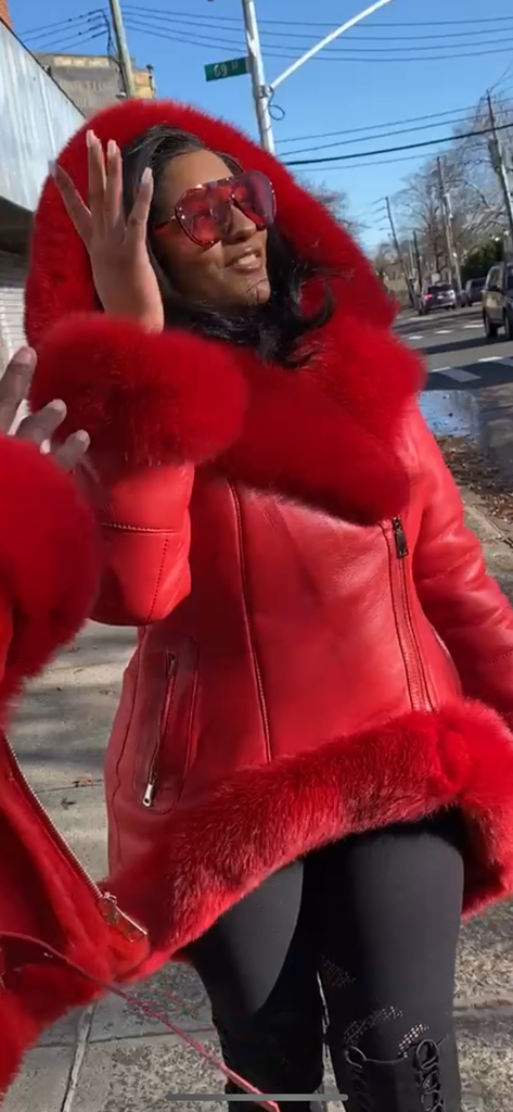 Red coat with online fur hood