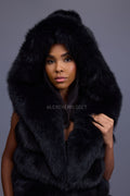 Women's Pippa Long Fox Fur Vest With Hood [Black]
